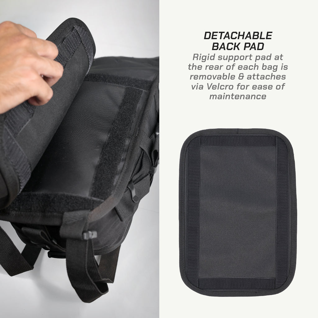 LFA-SaddleBag Black backpack with detachable back pad on a white background