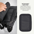 LFA-SaddleBag Black backpack with detachable back pad on a white background