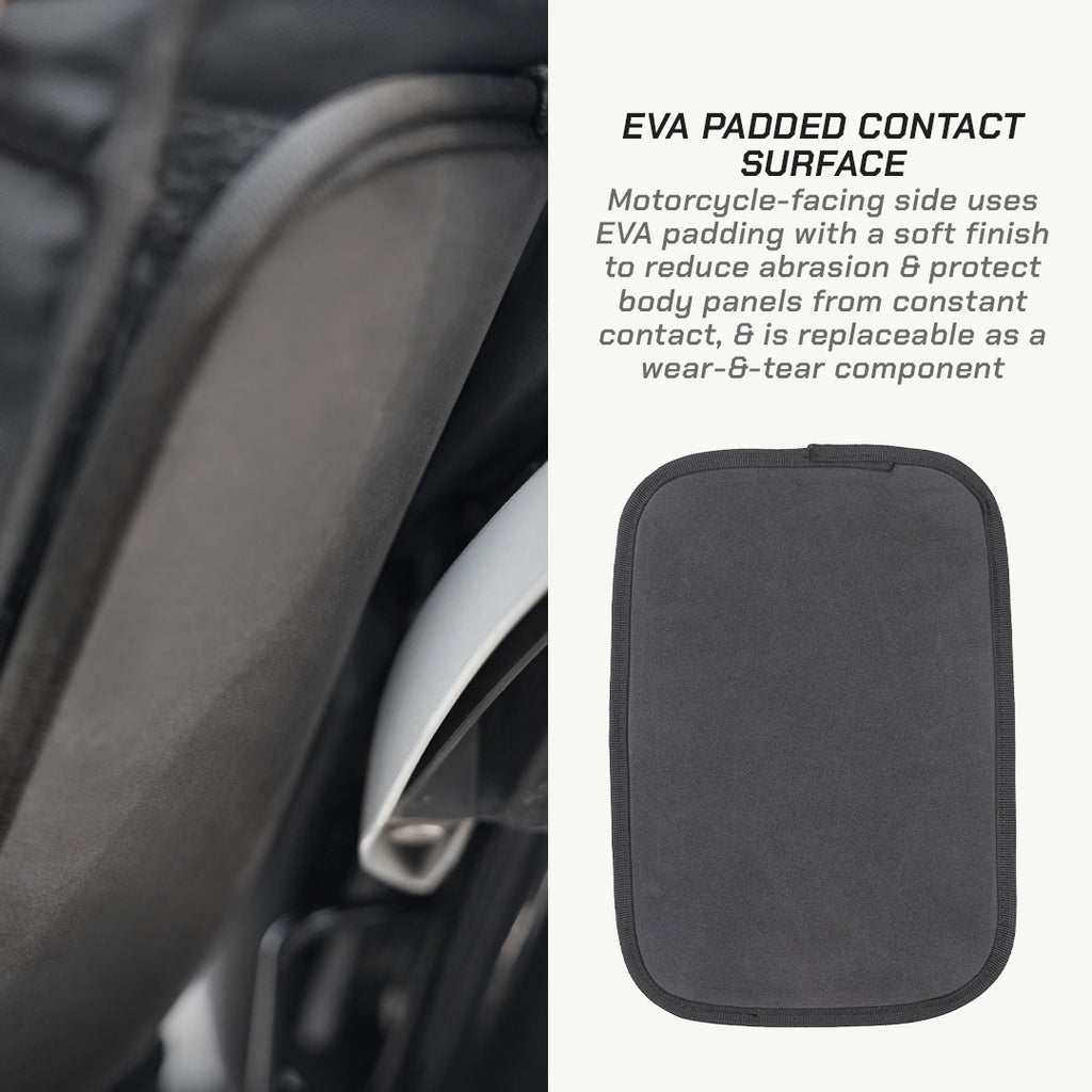 LFA-SaddleBag EVA padded contact surface for motorcycle with text explaining its use.