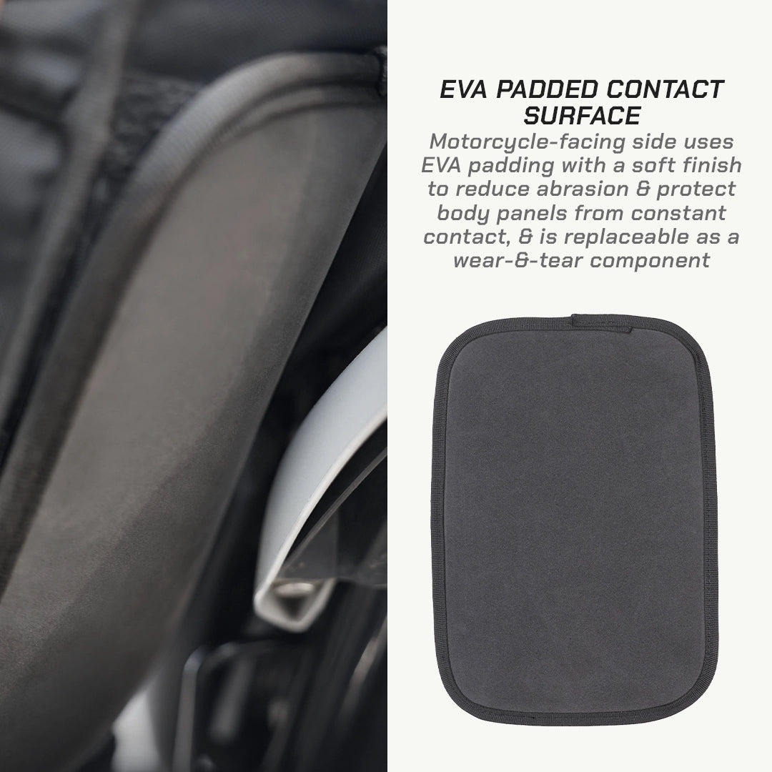 LFA-SaddleBag EVA padded contact surface for motorcycle with text explaining its use.