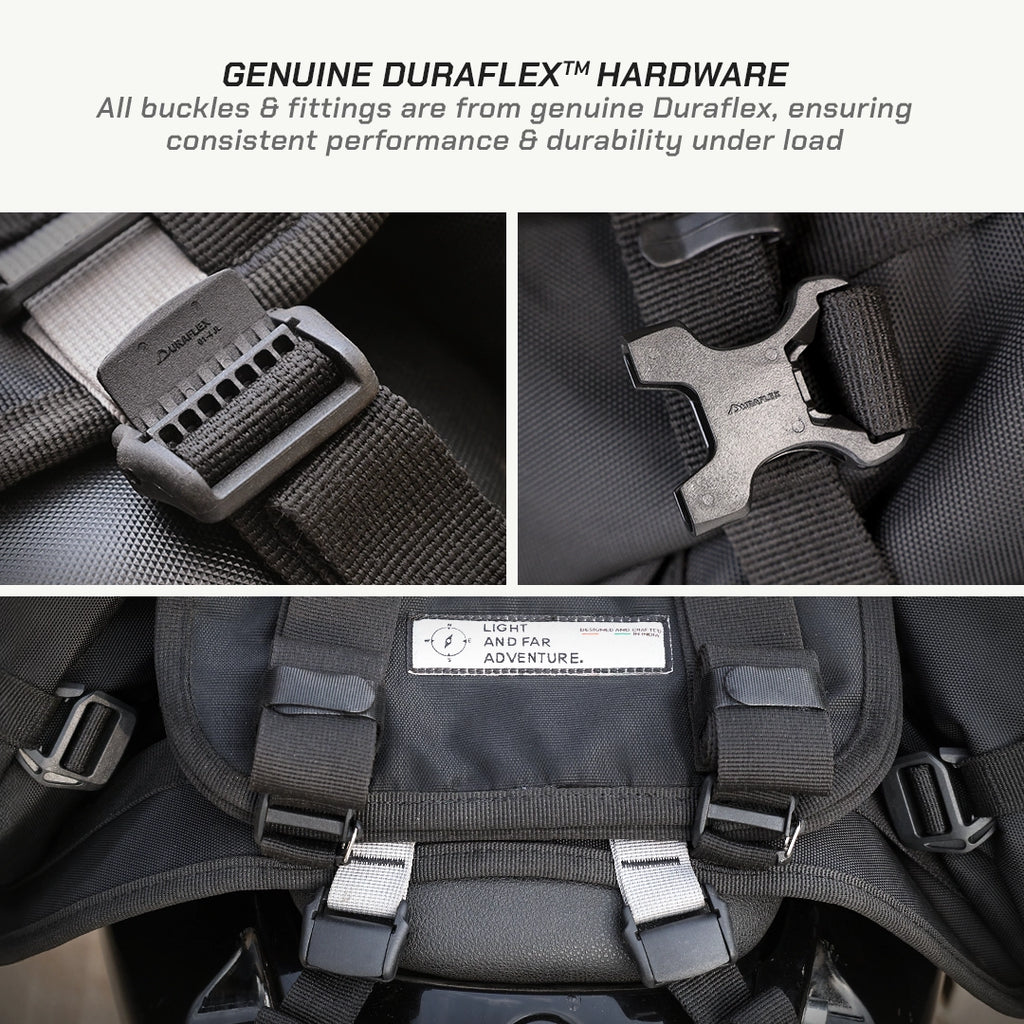 LFA-SaddleBag Close-up of Duraflex hardware on a backpack with text about its durability.