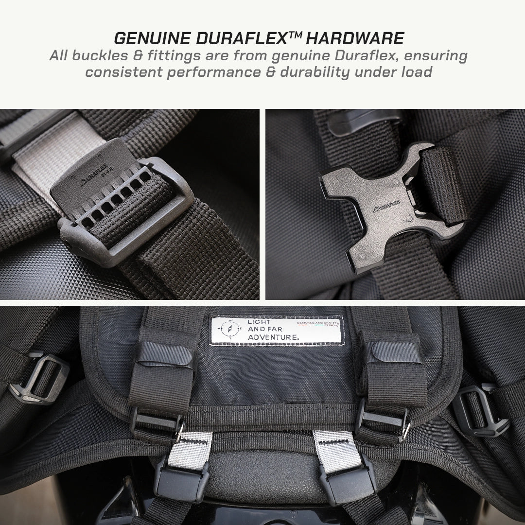 LFA-SaddleBag Close-up of Duraflex hardware on a backpack with text about its durability.