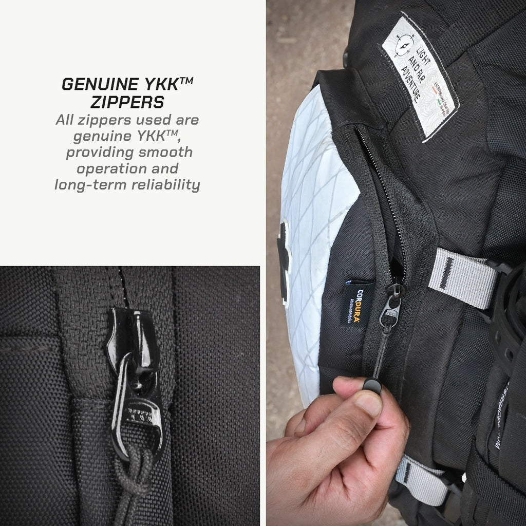 LFA-SaddleBag Close-up of a backpack with YKK zippers and a label on a textured surface.