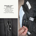 LFA-SaddleBag Close-up of a backpack with YKK zippers and a label on a textured surface.