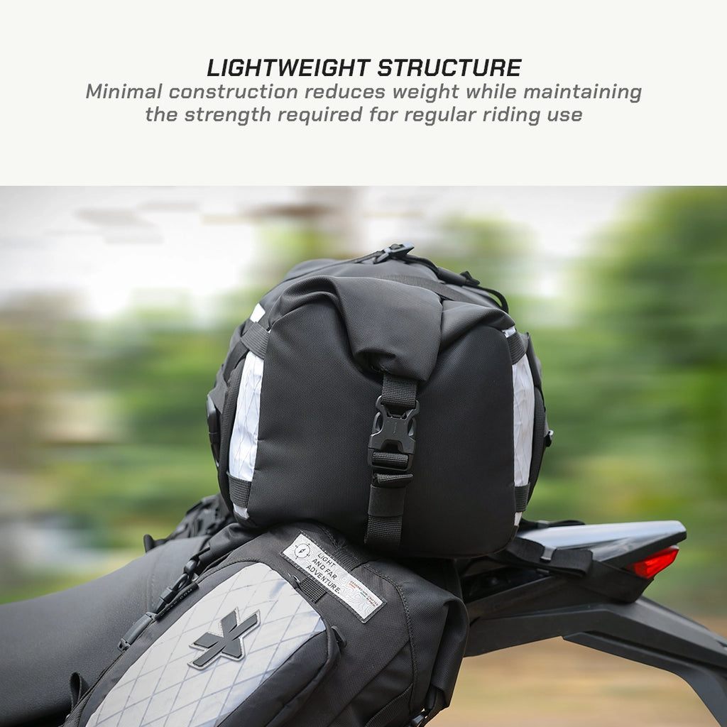ViaTerra LFA - Tailbag Motorcycle with black saddlebags on a blurred natural background