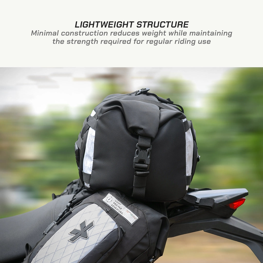 ViaTerra LFA - Tailbag Motorcycle with black saddlebags on a blurred natural background