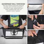 ViaTerra LFA - Tailbag Collage of a person using a black and white bag with waterproof roll-top system features.