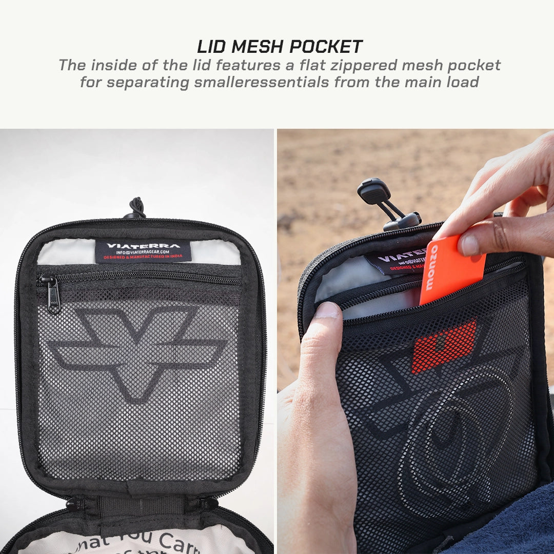 LFA - Tank Bag - Enduro Black mesh pocket with a zipper, featuring a brand logo, on a white background.