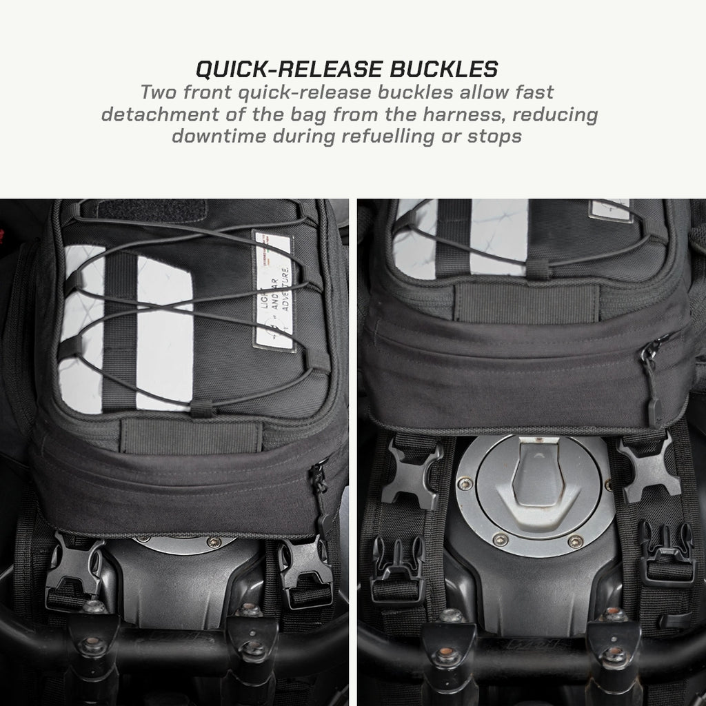 LFA - Tank Bag - Enduro Motorcycle saddlebag with quick-release buckles and text explaining their function.