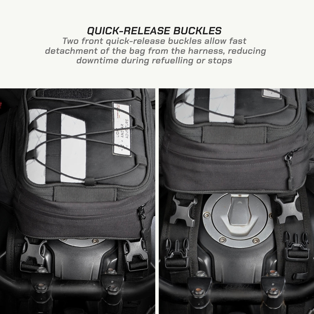 LFA - Tank Bag - Enduro Motorcycle saddlebag with quick-release buckles and text explaining their function.