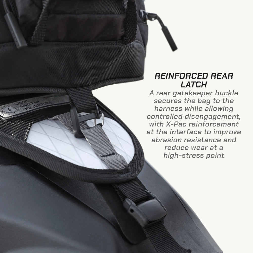 LFA - Tank Bag - Enduro Close-up of a backpack with a reinforced rear latch and text explaining its features.