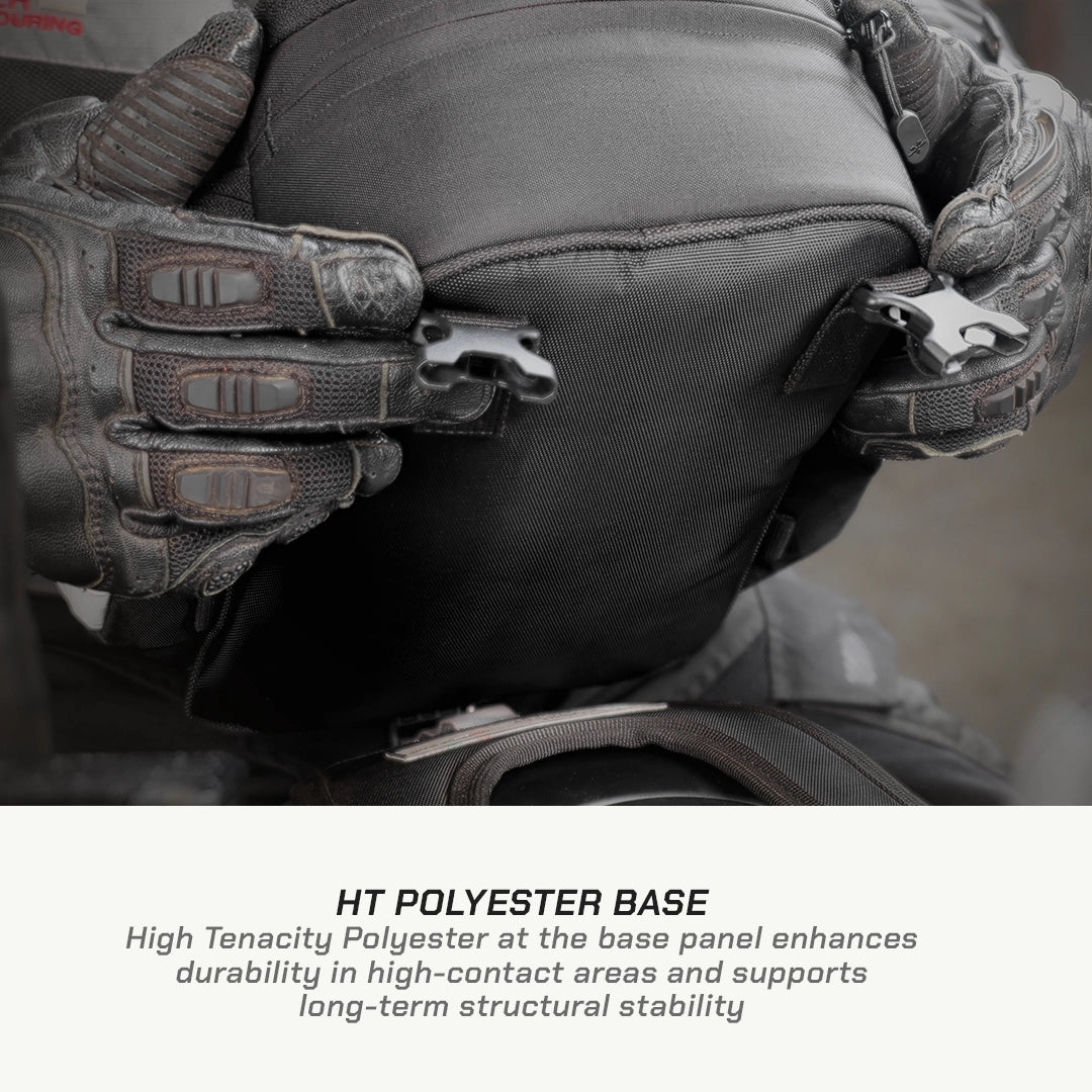LFA - Tank Bag - Enduro Person wearing tactical gloves and gear with text about HT Polyester base