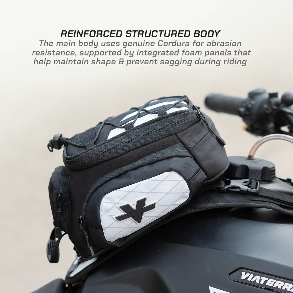 LFA - Tank Bag - Enduro Motorcycle saddlebag with reinforced structured body and Cordura material on a motorcycle.