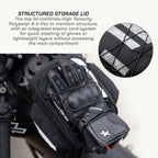 LFA - Tank Bag - Enduro Black motorcycle glove with storage compartment on a motorcycle, featuring text about structured storage lid.
