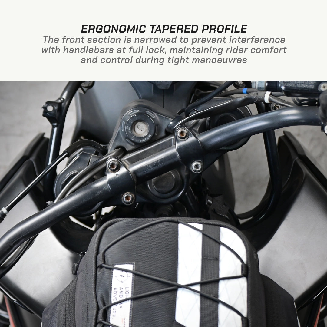 LFA - Tank Bag - Enduro Close-up of motorcycle handlebars with text about ergonomic design