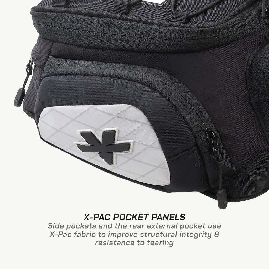LFA - Tank Bag - Enduro Black backpack with X-Pac pocket panels on a white background