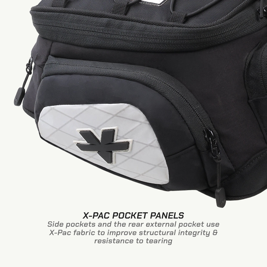 LFA - Tank Bag - Enduro Black backpack with X-Pac pocket panels on a white background