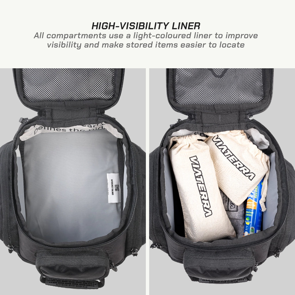 LFA - Tank Bag - Enduro Black backpack with high-visibility liner showing compartments and items inside.