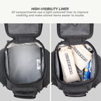 LFA - Tank Bag - Enduro Black backpack with high-visibility liner showing compartments and items inside.