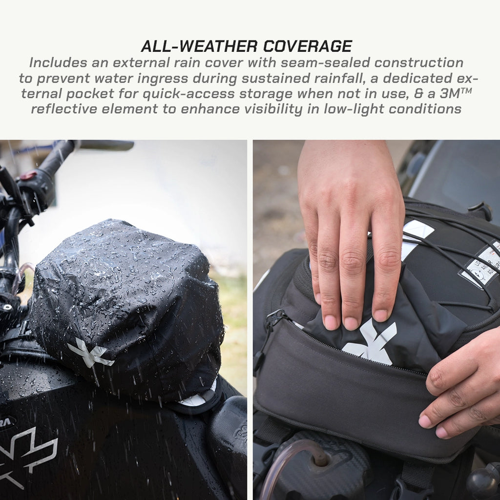 LFA - Tank Bag - Enduro Motorcycle saddlebag with rain cover and reflective element, text about all-weather coverage.