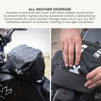 LFA - Tank Bag - Enduro Motorcycle saddlebag with rain cover and reflective element, text about all-weather coverage.