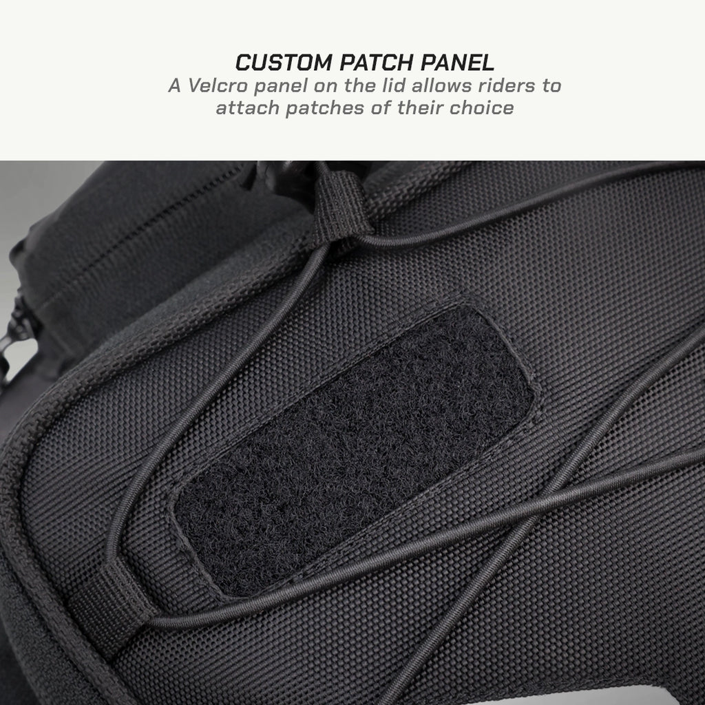 LFA - Tank Bag - Enduro Black backpack with a Velcro patch panel on a gray background