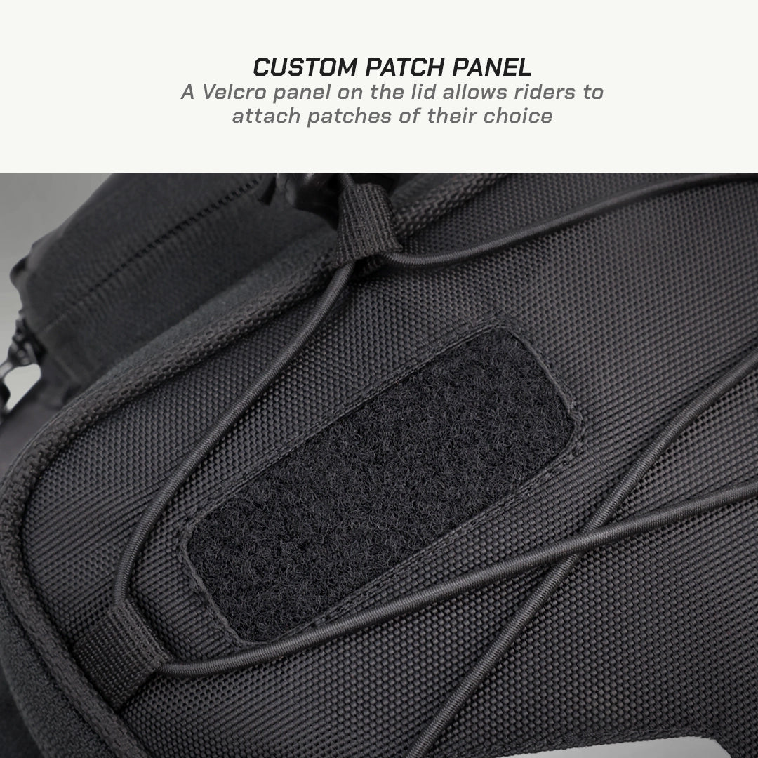 LFA - Tank Bag - Enduro Black backpack with a Velcro patch panel on a gray background