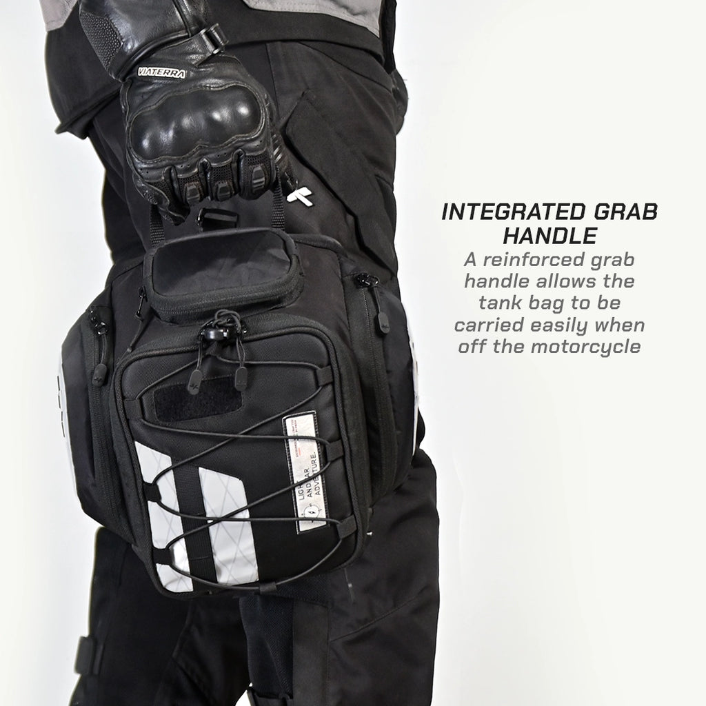 LFA - Tank Bag - Enduro Person wearing a black motorcycle tank bag with an integrated grab handle on a white background