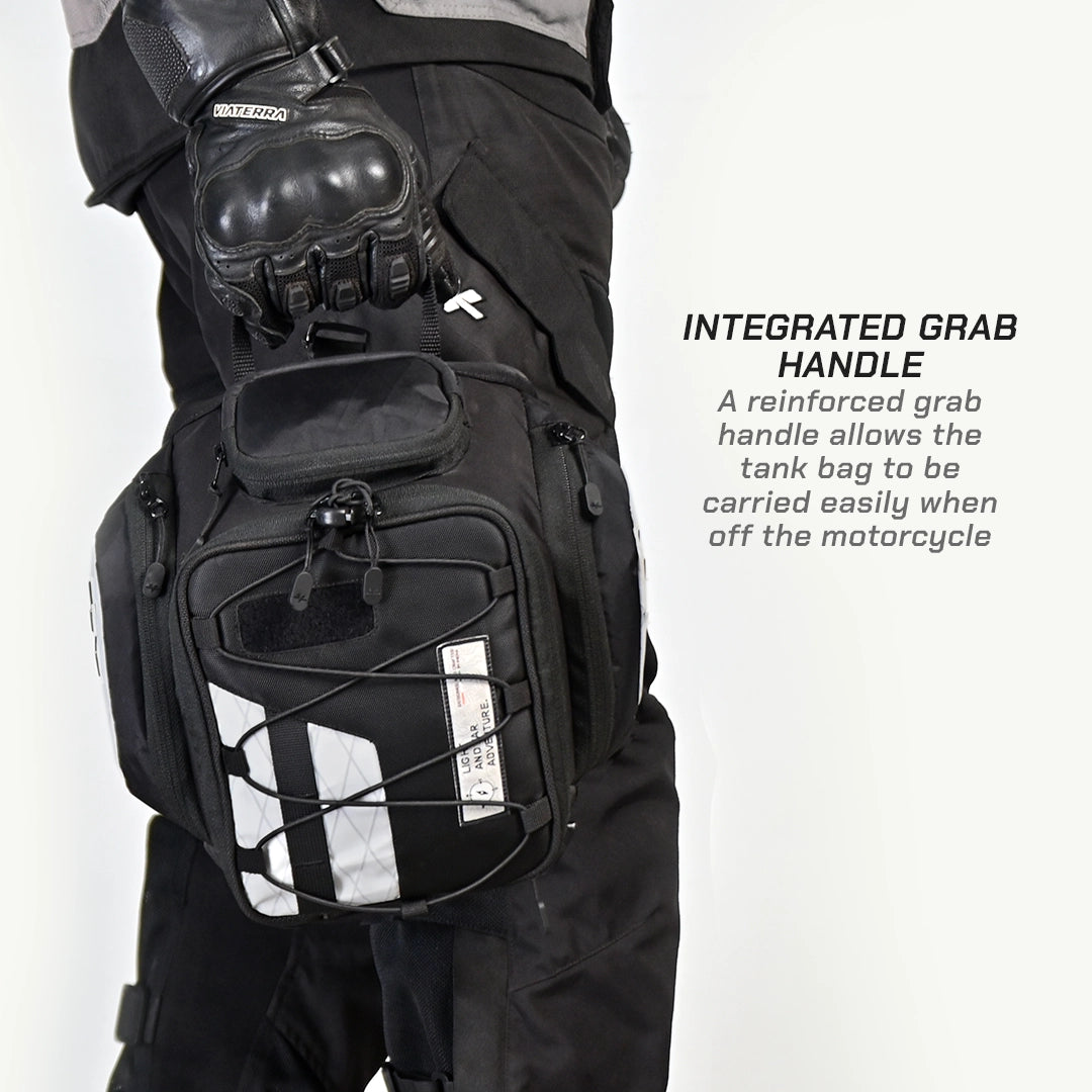 LFA - Tank Bag - Enduro Person wearing a black motorcycle tank bag with an integrated grab handle on a white background
