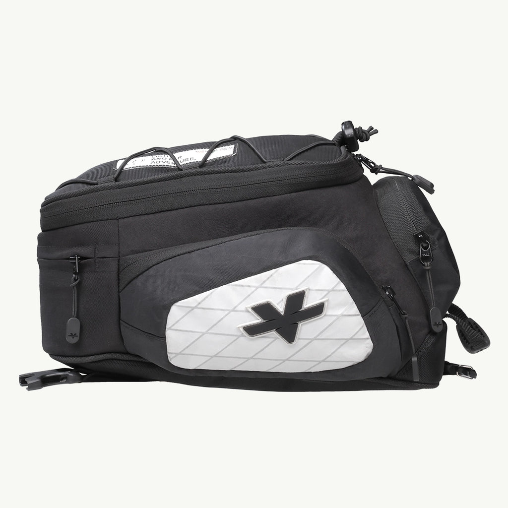 LFA - Tank Bag - XC Black backpack with a white geometric pattern and brand logo on a white background