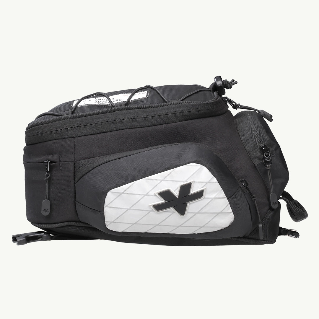 LFA - Tank Bag - XC Black backpack with a white geometric pattern and brand logo on a white background