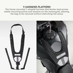 LFA - Tank Bag - XC Y-harness platform for motorcycle use with text explaining its function.
