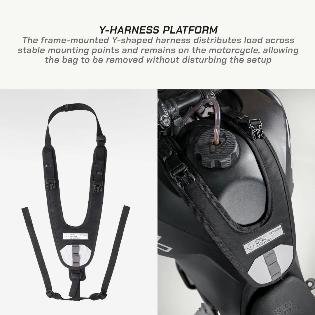 LFA - Tank Bag - XC Y-harness platform for motorcycle use with text explaining its function.