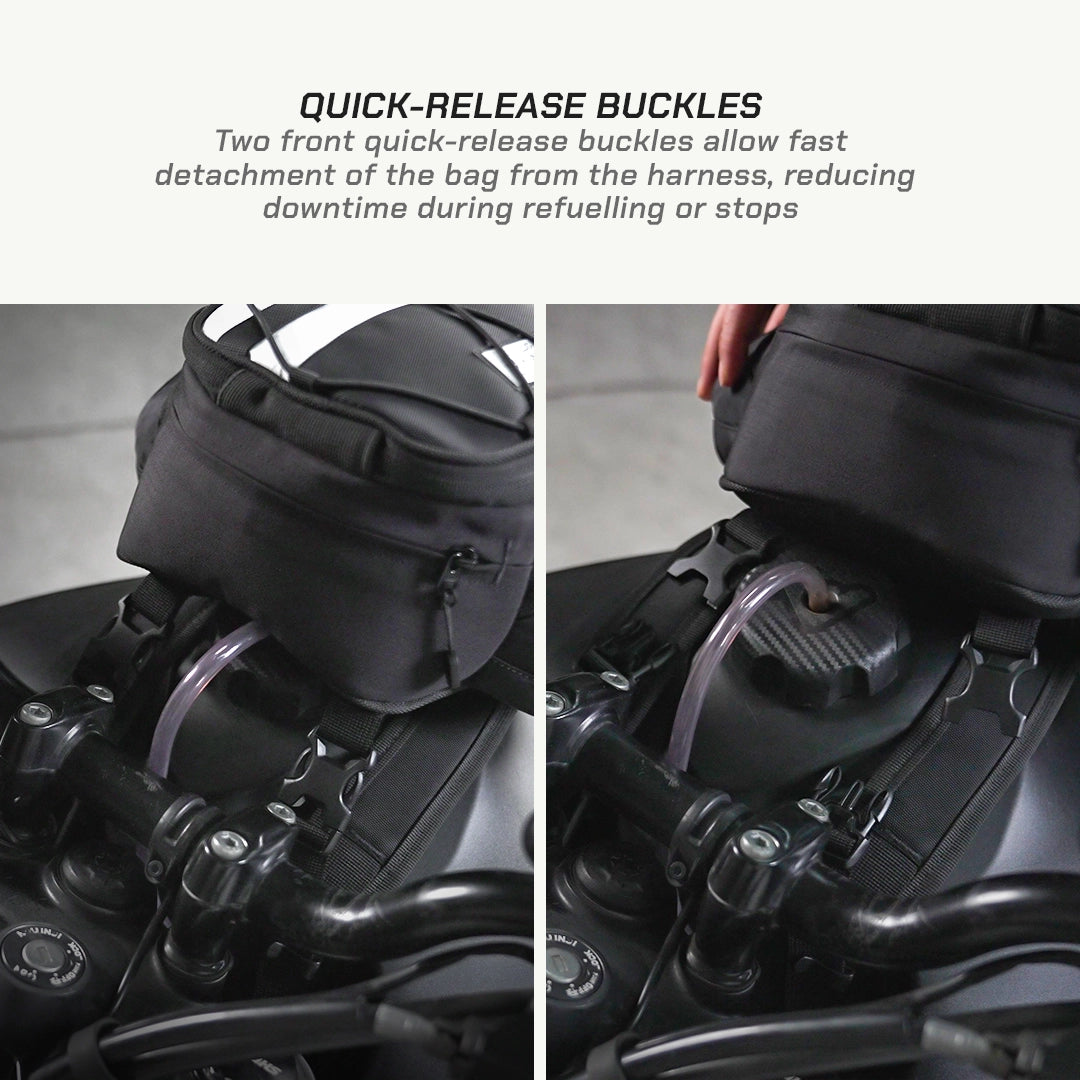 LFA - Tank Bag - XC Motorcycle saddlebag with quick-release buckles on a motorcycle.
