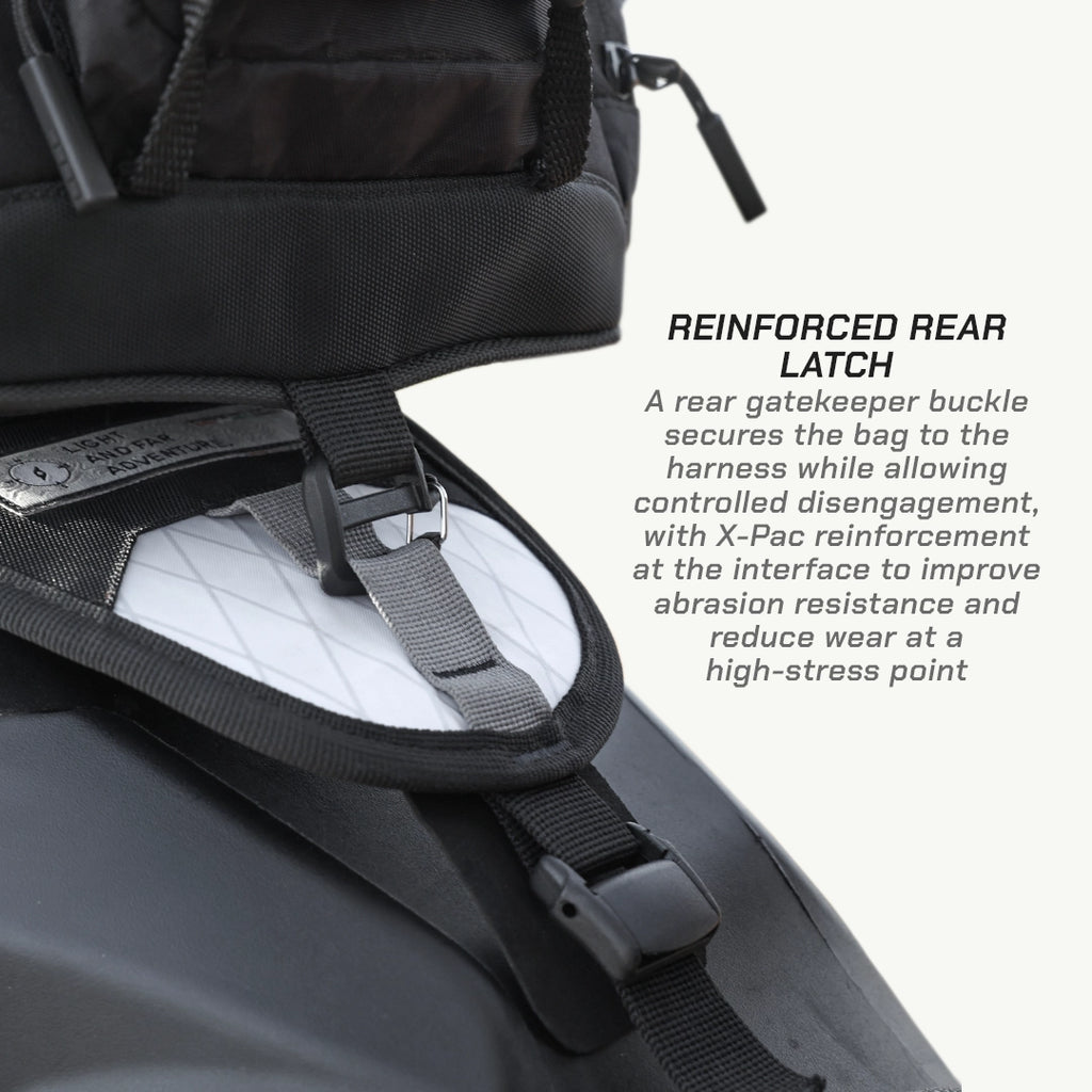 LFA - Tank Bag - XC Close-up of a backpack with a reinforced rear latch and text explaining its features.