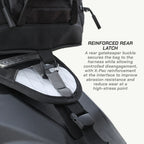 LFA - Tank Bag - XC Close-up of a backpack with a reinforced rear latch and text explaining its features.
