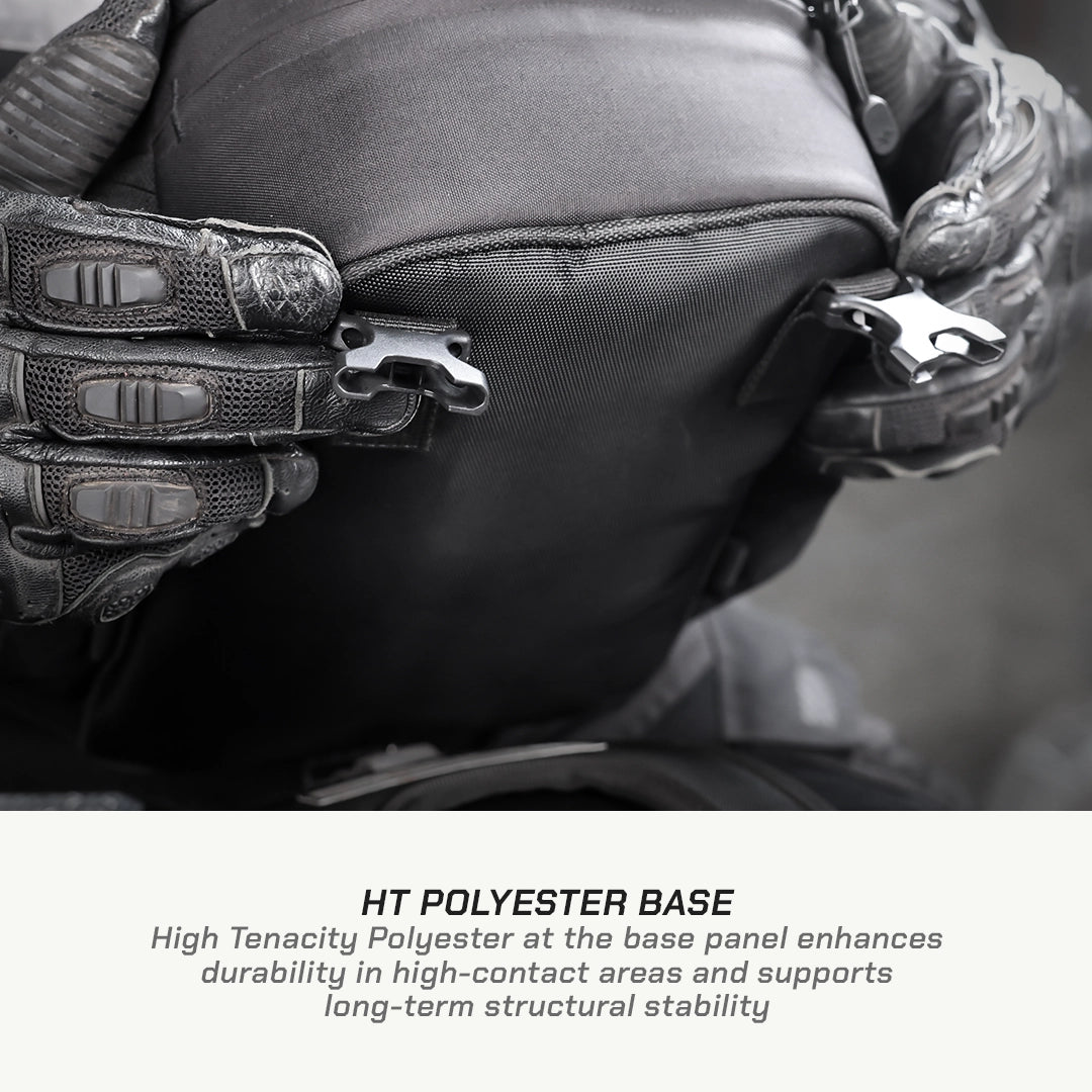 LFA - Tank Bag - XC Close-up of a person wearing tactical gloves and a backpack with text about HT Polyester base.