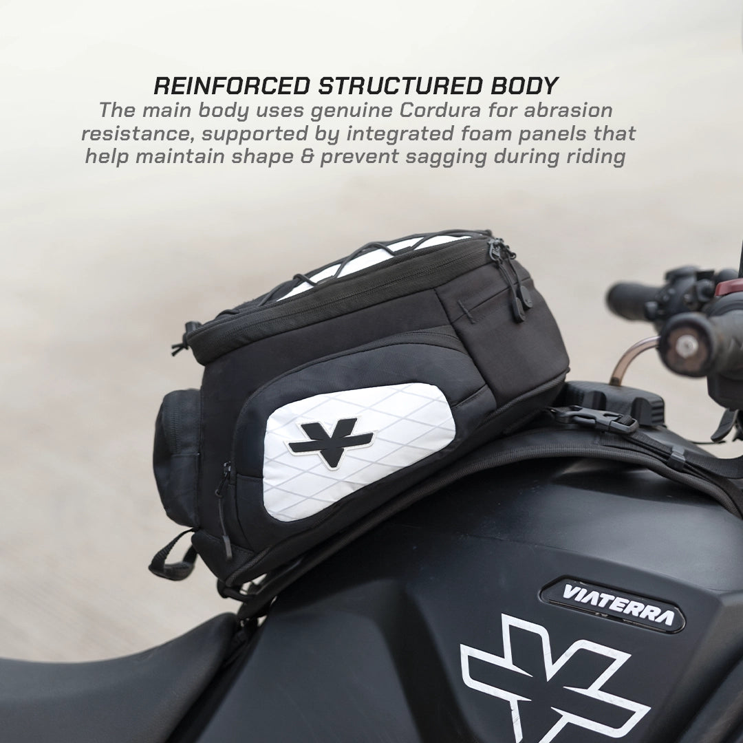LFA - Tank Bag - XC Motorcycle saddlebag with Reinforced Structured Body feature on a motorcycle, featuring the Viaterra brand.