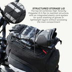 LFA - Tank Bag - XC Motorcycle saddlebag with gloves and a structured storage lid on a motorcycle.