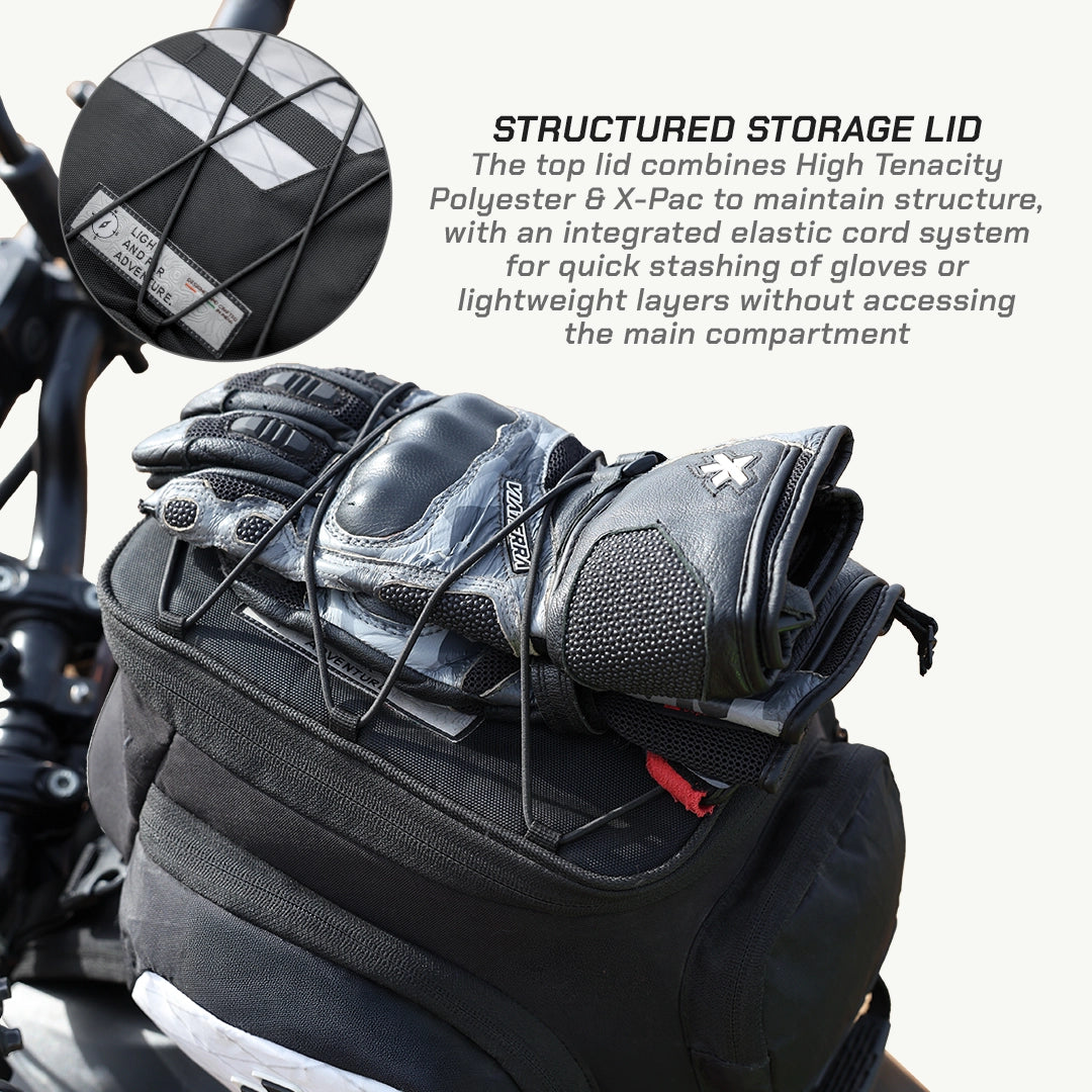 LFA - Tank Bag - XC Motorcycle saddlebag with gloves and a structured storage lid on a motorcycle.