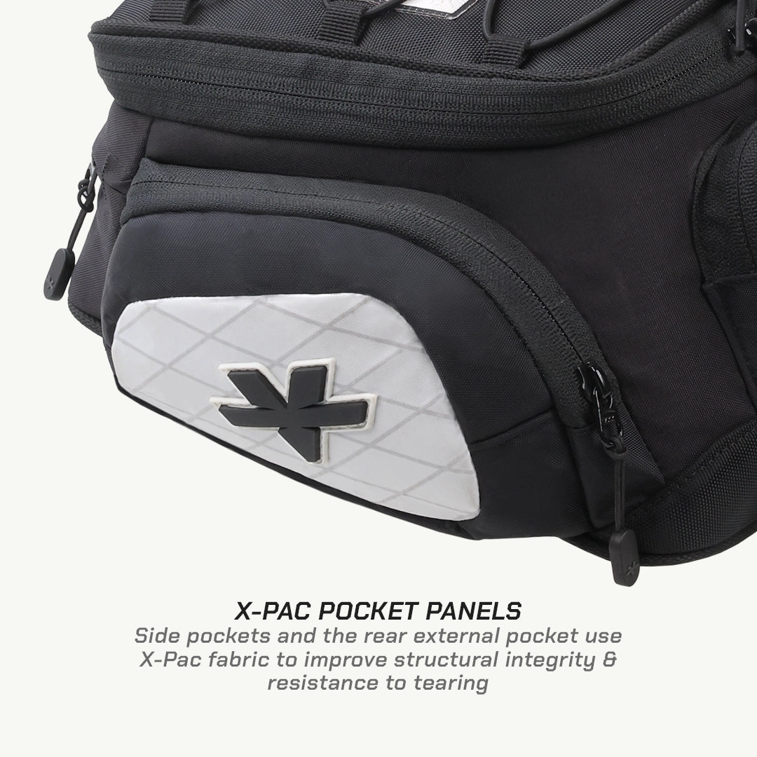 LFA - Tank Bag - XC Black backpack with X-Pac pocket panels on a white background
