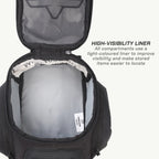 LFA - Tank Bag - XC Black backpack with high-visibility liner and text on a white background