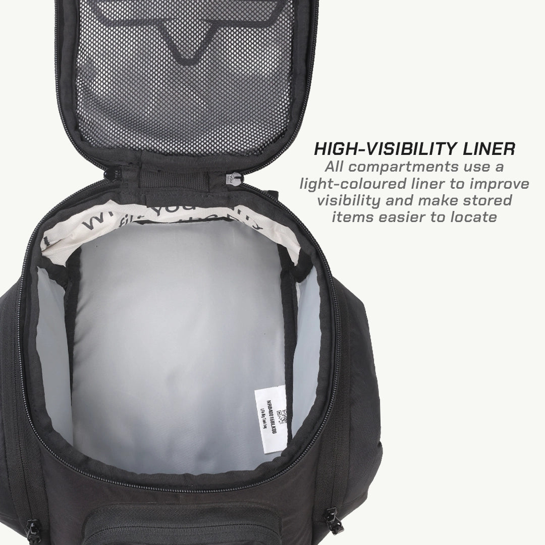 LFA - Tank Bag - XC Black backpack with high-visibility liner and text on a white background