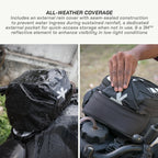 LFA - Tank Bag - XC Motorcycle with black rain cover and reflective element, text about all-weather coverage.