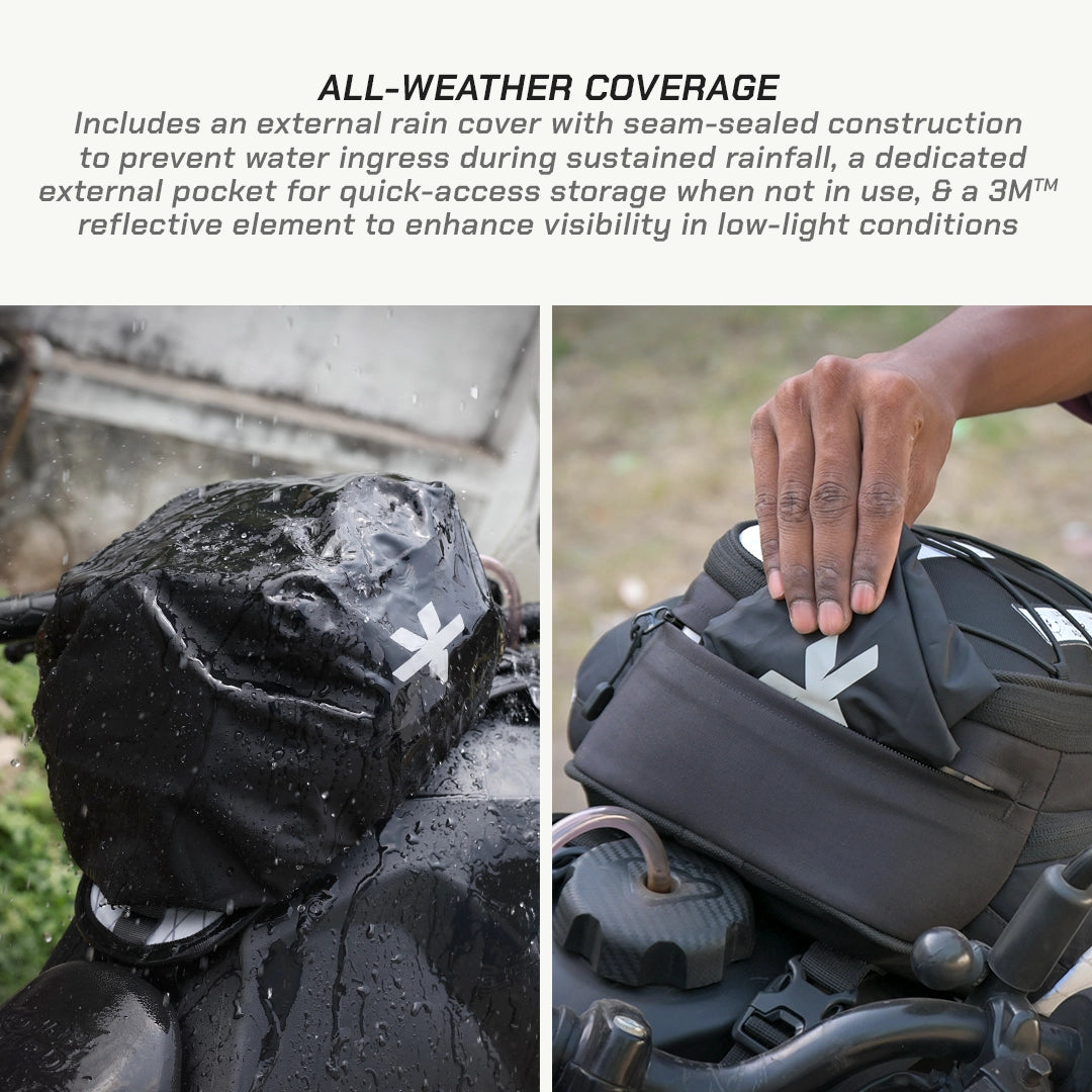 LFA - Tank Bag - XC Motorcycle with black rain cover and reflective element, text about all-weather coverage.