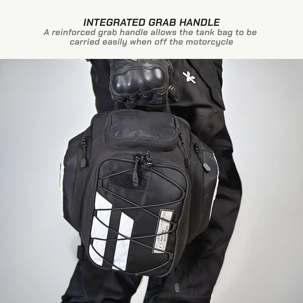 LFA - Tank Bag - XC Black motorcycle tank bag with integrated grab handle on a person wearing black pants.