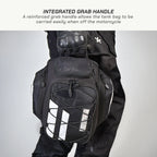 LFA - Tank Bag - XC Black motorcycle tank bag with integrated grab handle on a person wearing black pants.