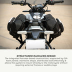 LFA Enduro Saddlebag Motorcycle with saddlebags and structured rackless design on a blurred background