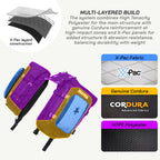 LFA-SaddleBag Multilayered build of a product with X-Pac, Cordura, and HTPE Polyester materials displayed.