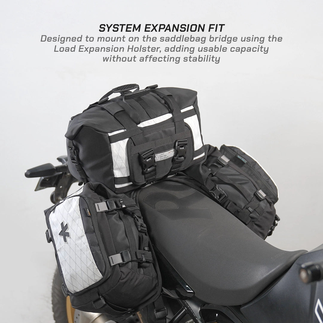 ViaTerra LFA - Tailbag Motorcycle with load expansion holsters attached on a gray background